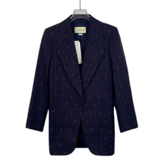 Gucci Deep Blue Logo Print Wool Blazer