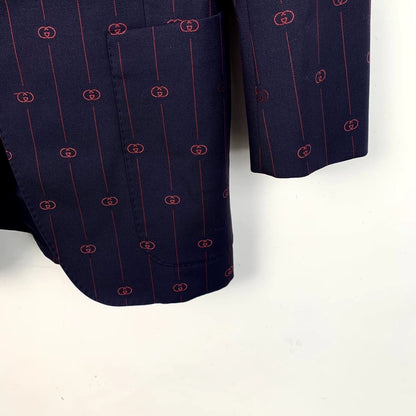 Gucci Deep Blue Logo Print Wool Blazer