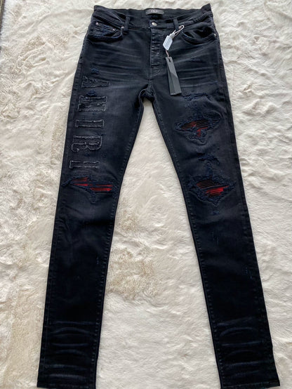 Black Red Patchwork Logo Jeans