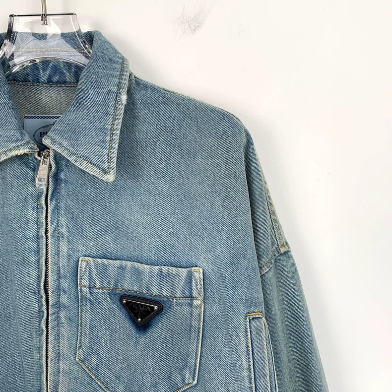 Blue Prada Cotton Zip Denim Jacket