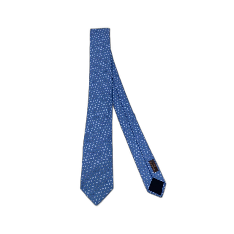 Hermes Blue Silk Tie with H Logo Embroidery