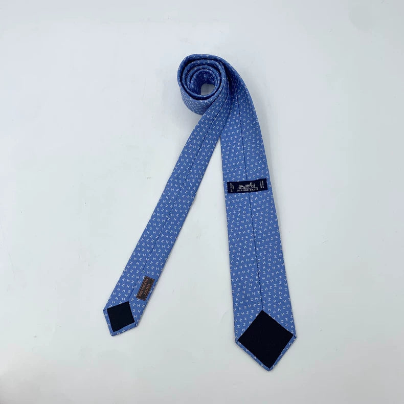 Hermes Blue Silk Tie with H Logo Embroidery