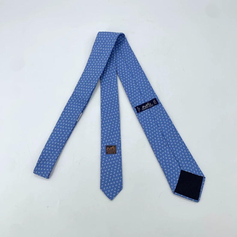 Hermes Blue Silk Tie with H Logo Embroidery