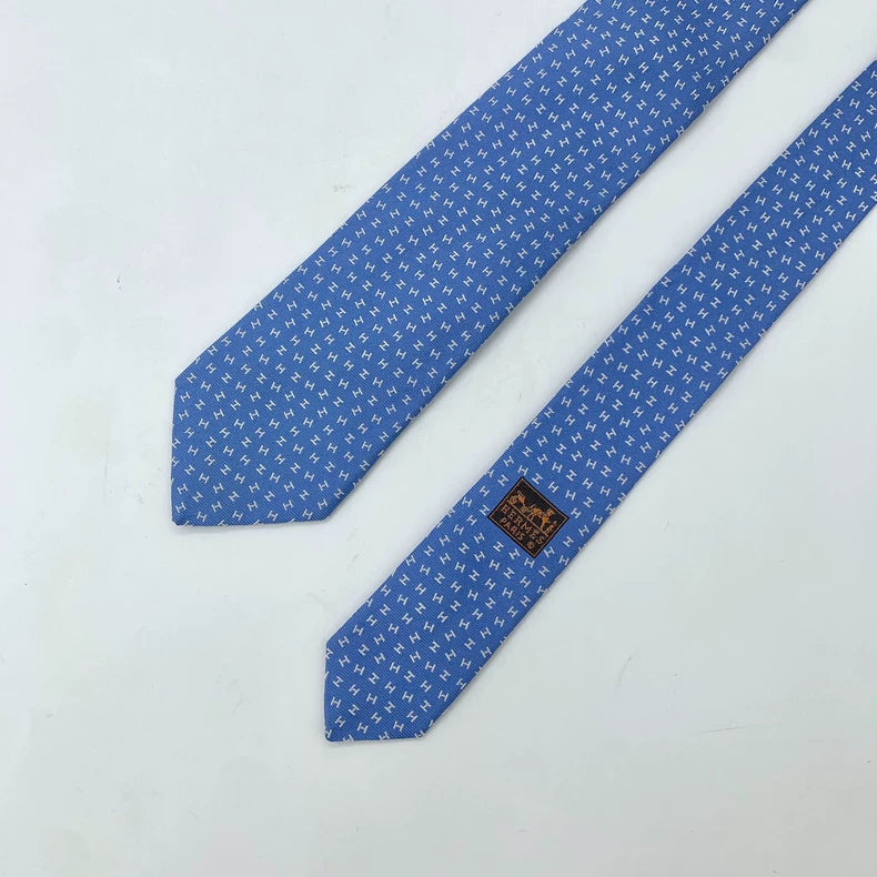 Hermes Blue Silk Tie with H Logo Embroidery