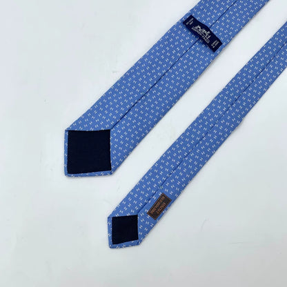 Hermes Blue Silk Tie with H Logo Embroidery