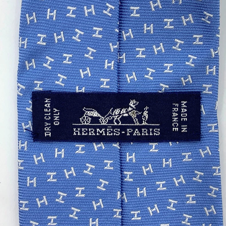Hermes Blue Silk Tie with H Logo Embroidery