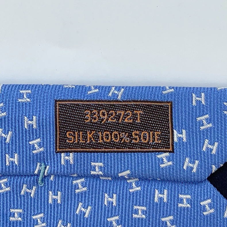 Hermes Blue Silk Tie with H Logo Embroidery
