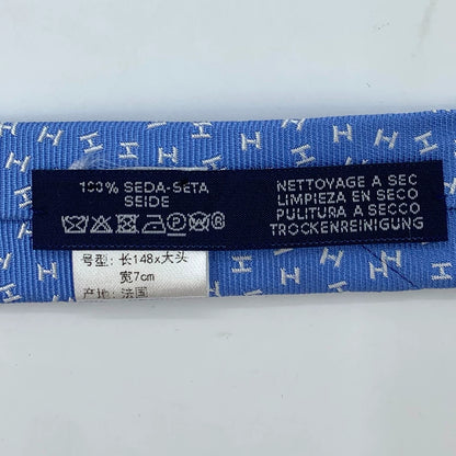 Hermes Blue Silk Tie with H Logo Embroidery