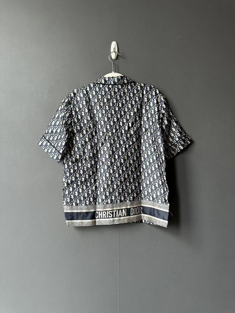 Dior Navy Blue Silk Printed Short Sleeve Shirt - Dior – DMC99