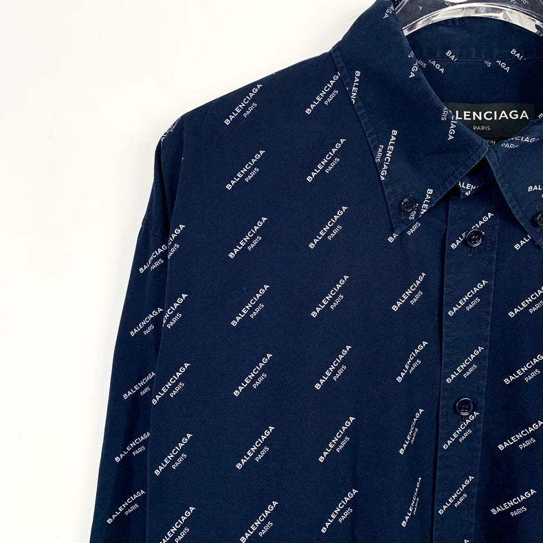 Balenciaga Blue Logo Print Long Sleeve Shirt