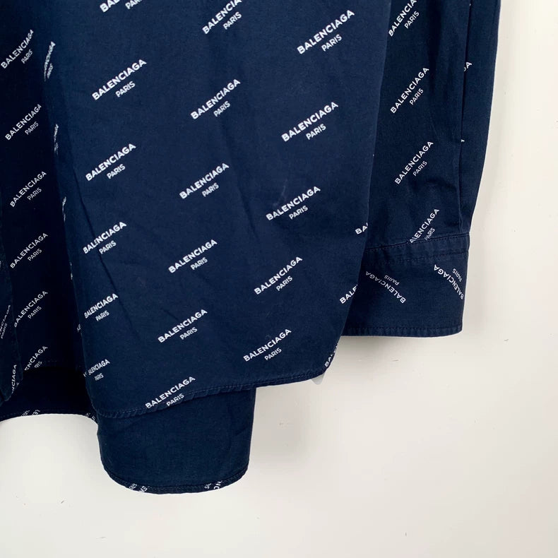 Balenciaga Blue Logo Print Long Sleeve Shirt
