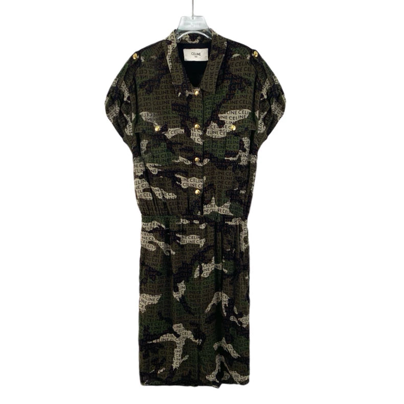 Celine Camo Logo Silk Short-Sleeve Dress-yf
