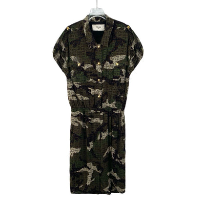 Celine Camo Logo Silk Short-Sleeve Dress-yf