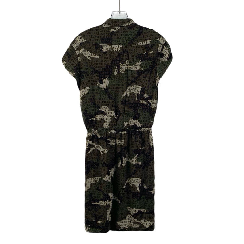 Celine Camo Logo Silk Short-Sleeve Dress-yf