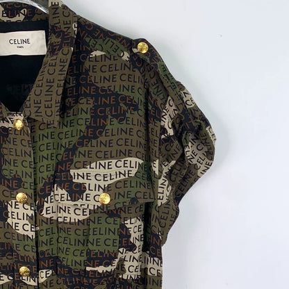 Celine Camo Logo Silk Short-Sleeve Dress-yf