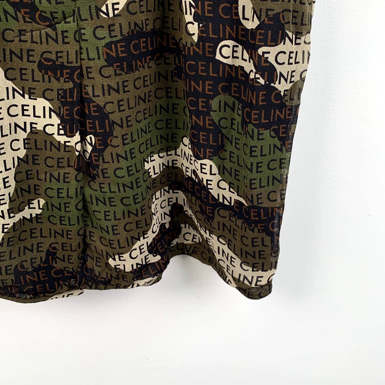 Celine Camo Logo Silk Short-Sleeve Dress-yf