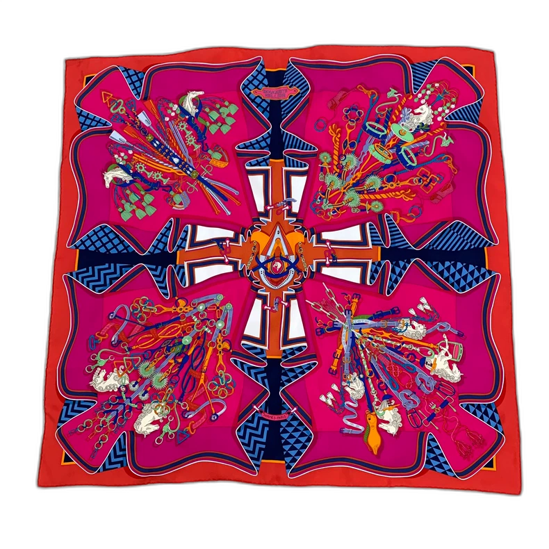 Hermes Red Silk Scarf with Patterns