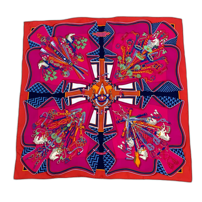 Hermes Red Silk Scarf with Patterns