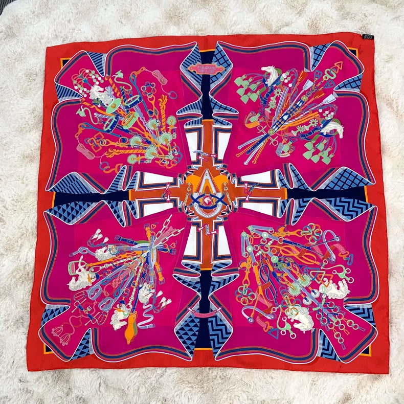 Hermes Red Silk Scarf with Patterns