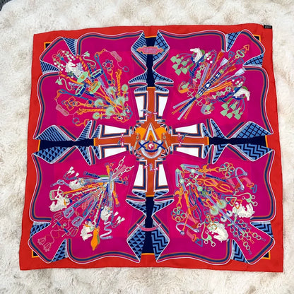 Hermes Red Silk Scarf with Patterns
