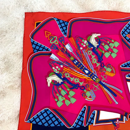 Hermes Red Silk Scarf with Patterns