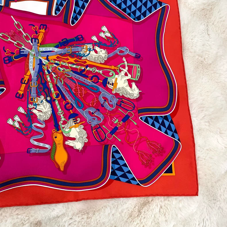 Hermes Red Silk Scarf with Patterns