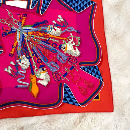 Hermes Red Silk Scarf with Patterns