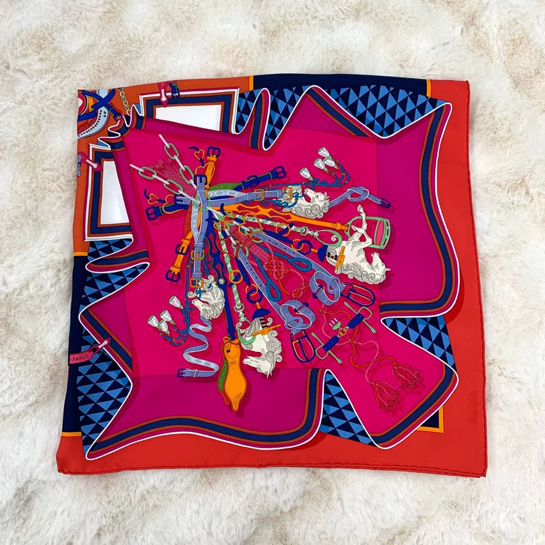 Hermes Red Silk Scarf with Patterns
