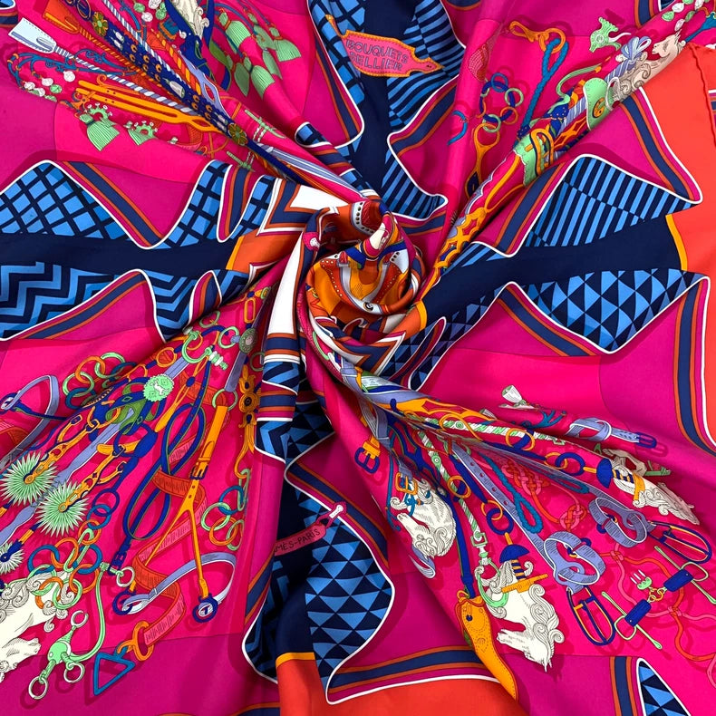 Hermes Red Silk Scarf with Patterns