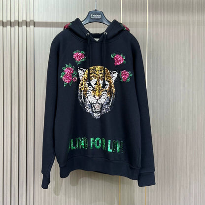 Gucci Sequin Tiger Head Embroidered Hoodie