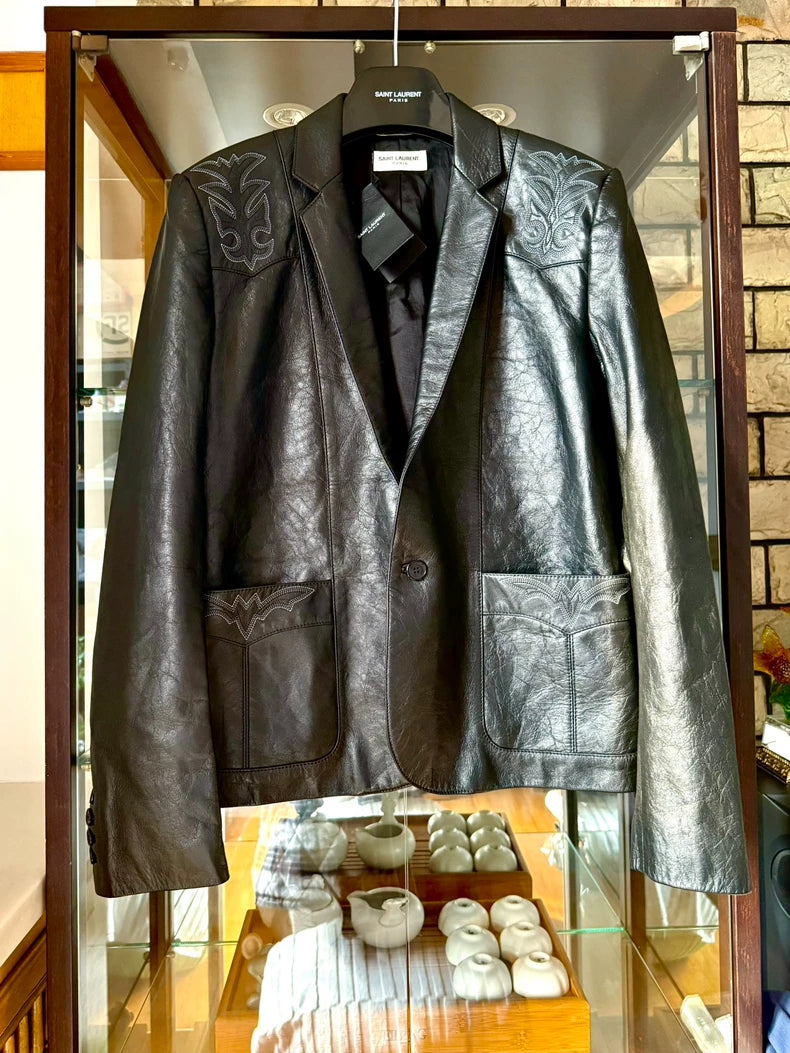 Saint Laurent Leather Blazer with Embroidery