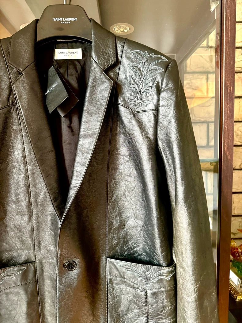 Saint Laurent Leather Blazer with Embroidery