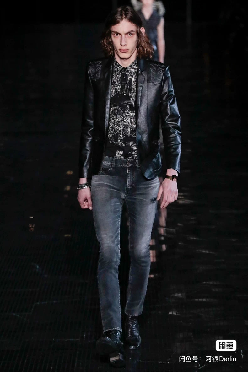 Saint Laurent Leather Blazer with Embroidery