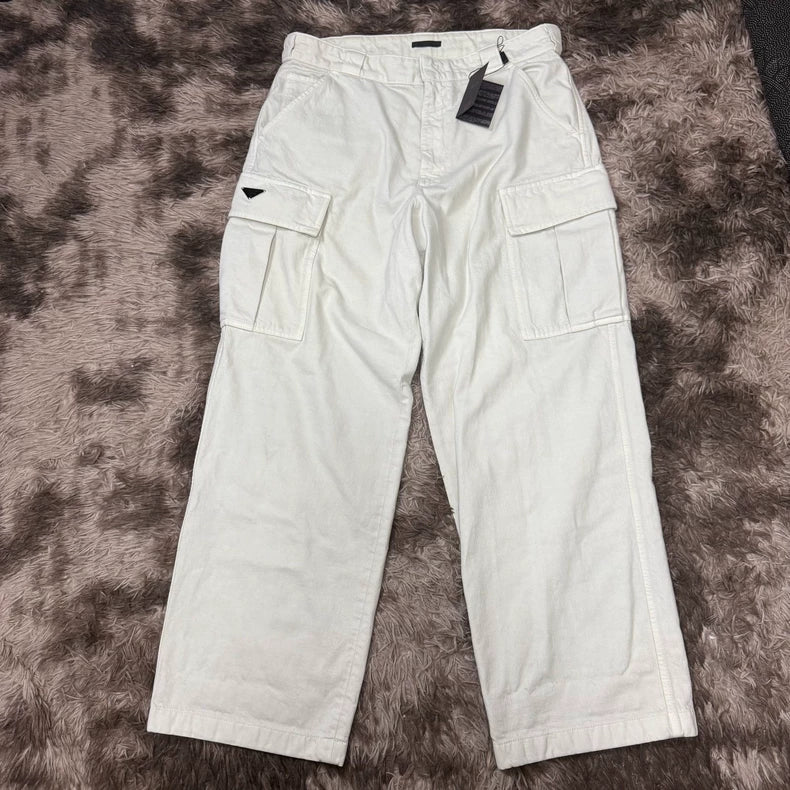 Prada Men's White Cargo Pants with Triangle Logo