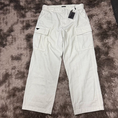 Prada Men's White Cargo Pants with Triangle Logo