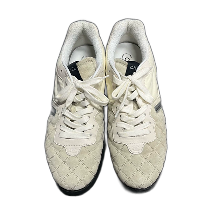 White Leather Lace-Up Casual Sneakers by Chanel