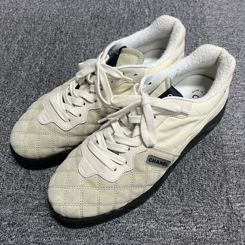 White Leather Lace-Up Casual Sneakers by Chanel