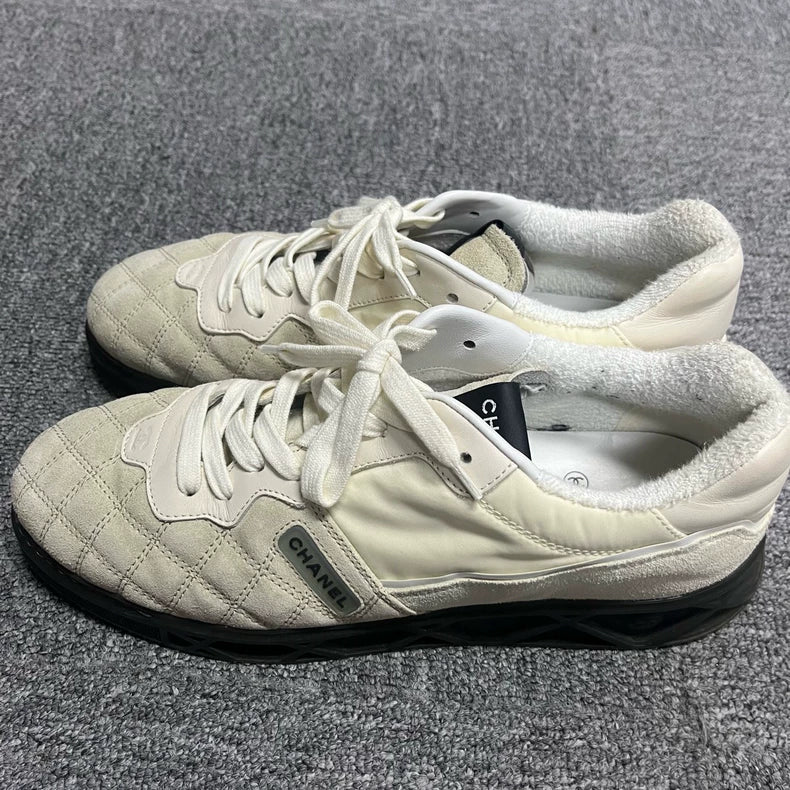 White Leather Lace-Up Casual Sneakers by Chanel