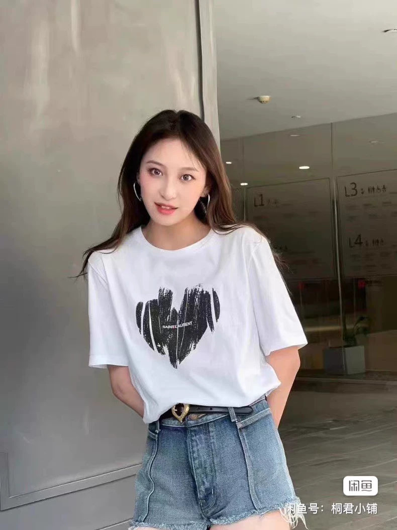 Saint Laurent Heart Letter Short Sleeve T-Shirt-yf
