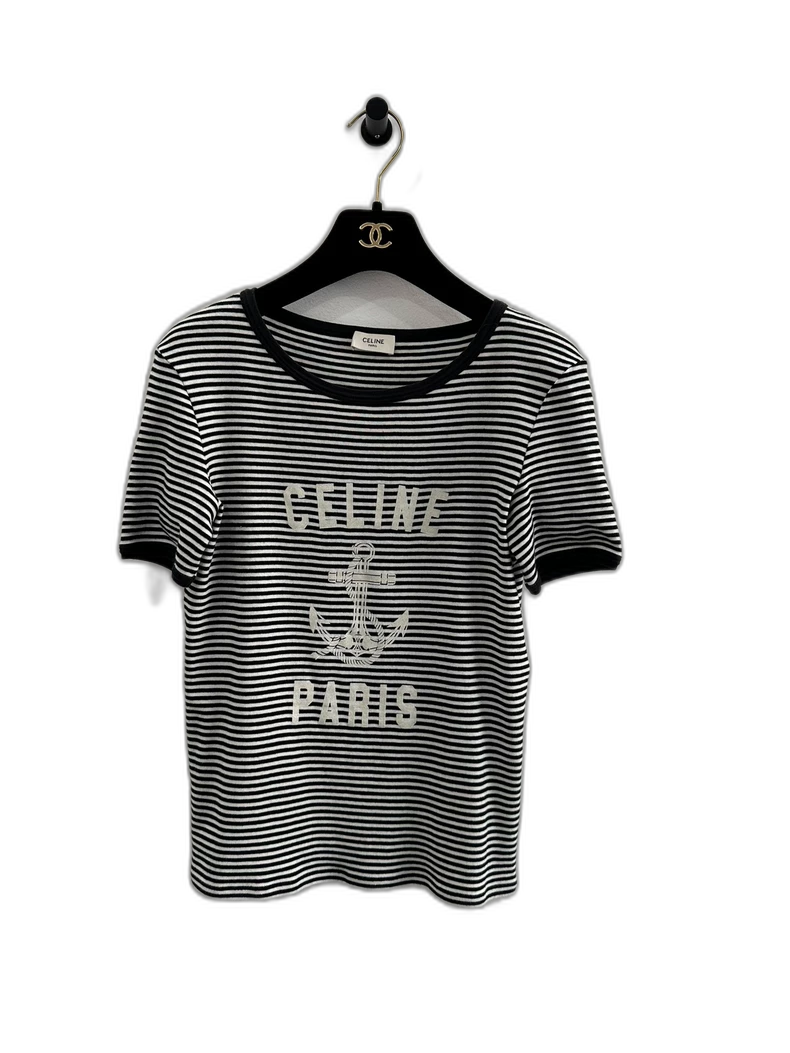Celine Black and White Striped Anchor Tee