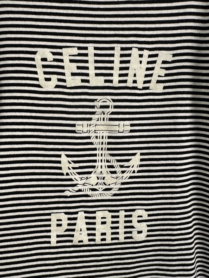 Celine Black and White Striped Anchor Tee