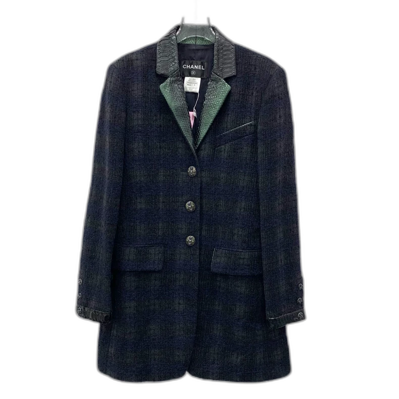 Chanel Black Plaid Wool Long Coat