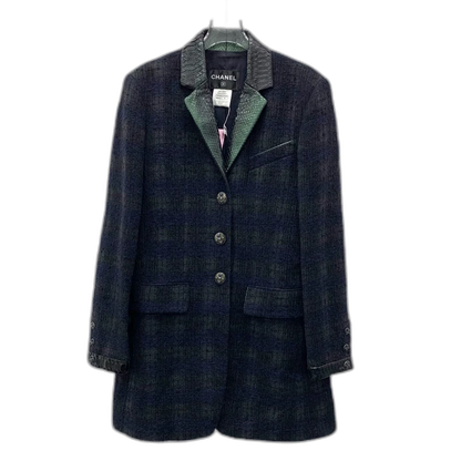 Chanel Black Plaid Wool Long Coat