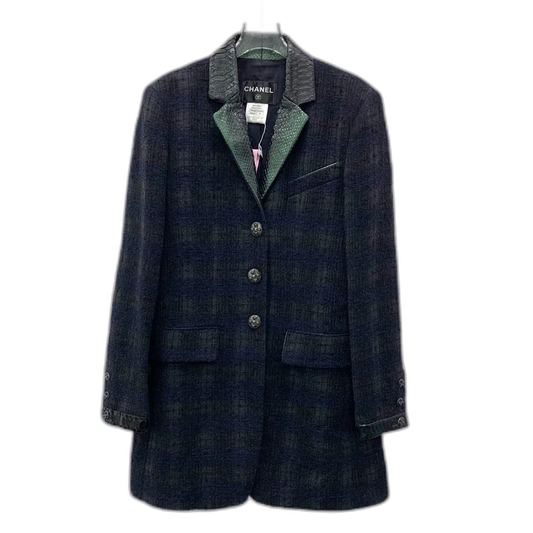 Chanel Black Plaid Wool Long Coat