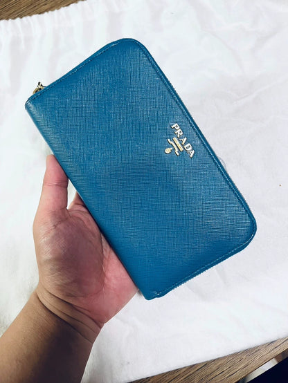 Prada Galleria Leather Zip Wallet in Blue