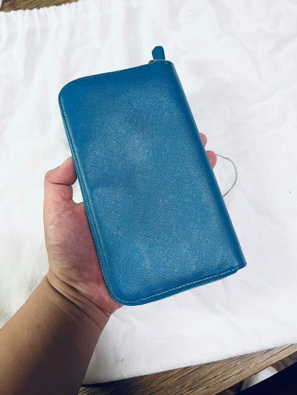 Prada Galleria Leather Zip Wallet in Blue