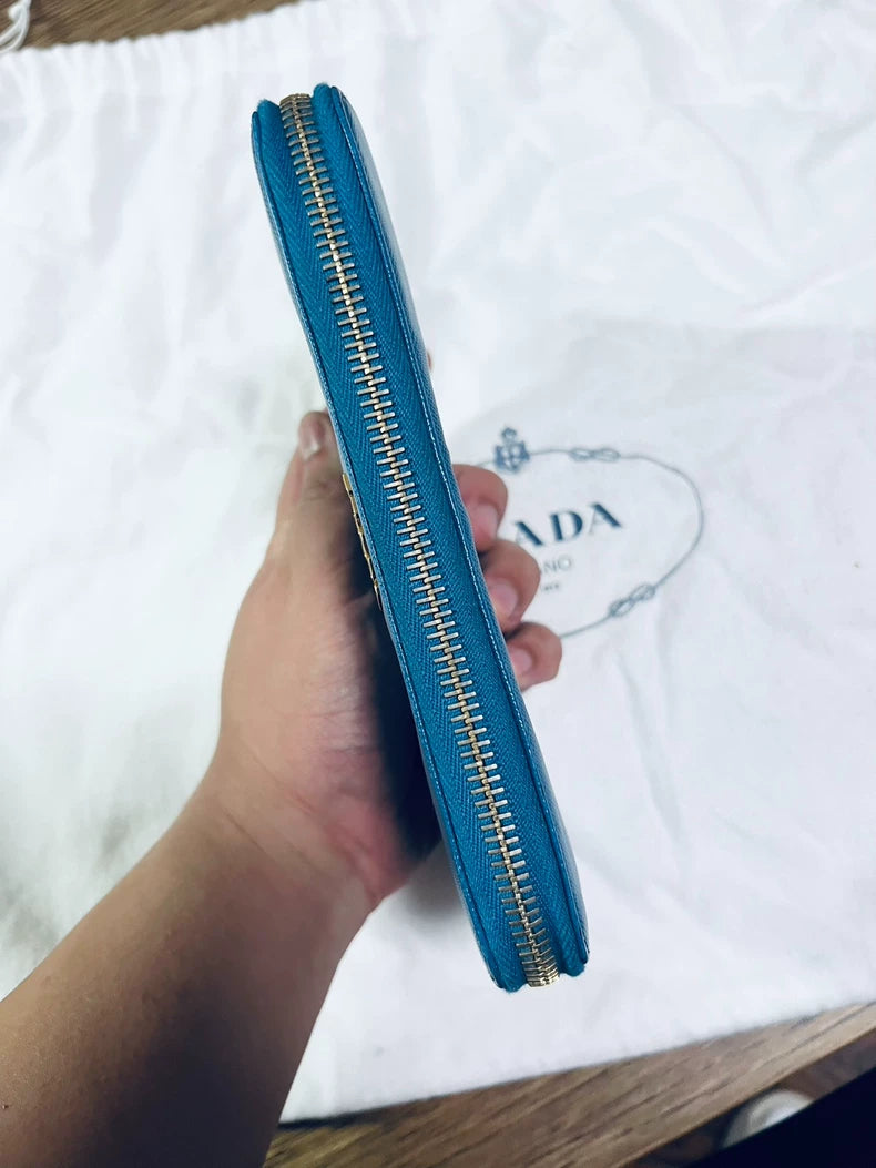 Prada Galleria Leather Zip Wallet in Blue