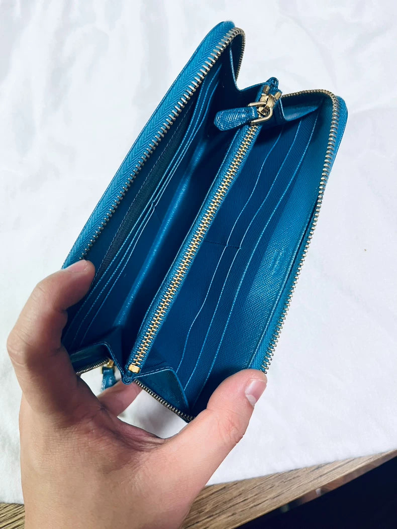 Prada Galleria Leather Zip Wallet in Blue