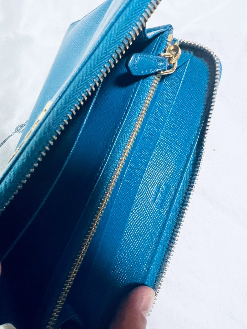 Prada Galleria Leather Zip Wallet in Blue