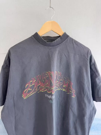 Balenciaga Black Flamed Letter Short Sleeve T-shirt